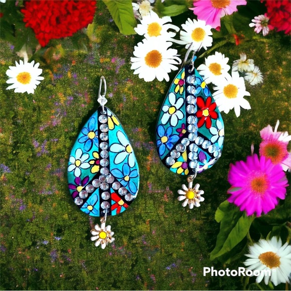 PEACE signs Bright Flower 60’s Original Handpainted Earrings Sterling - Picture 1 of 3